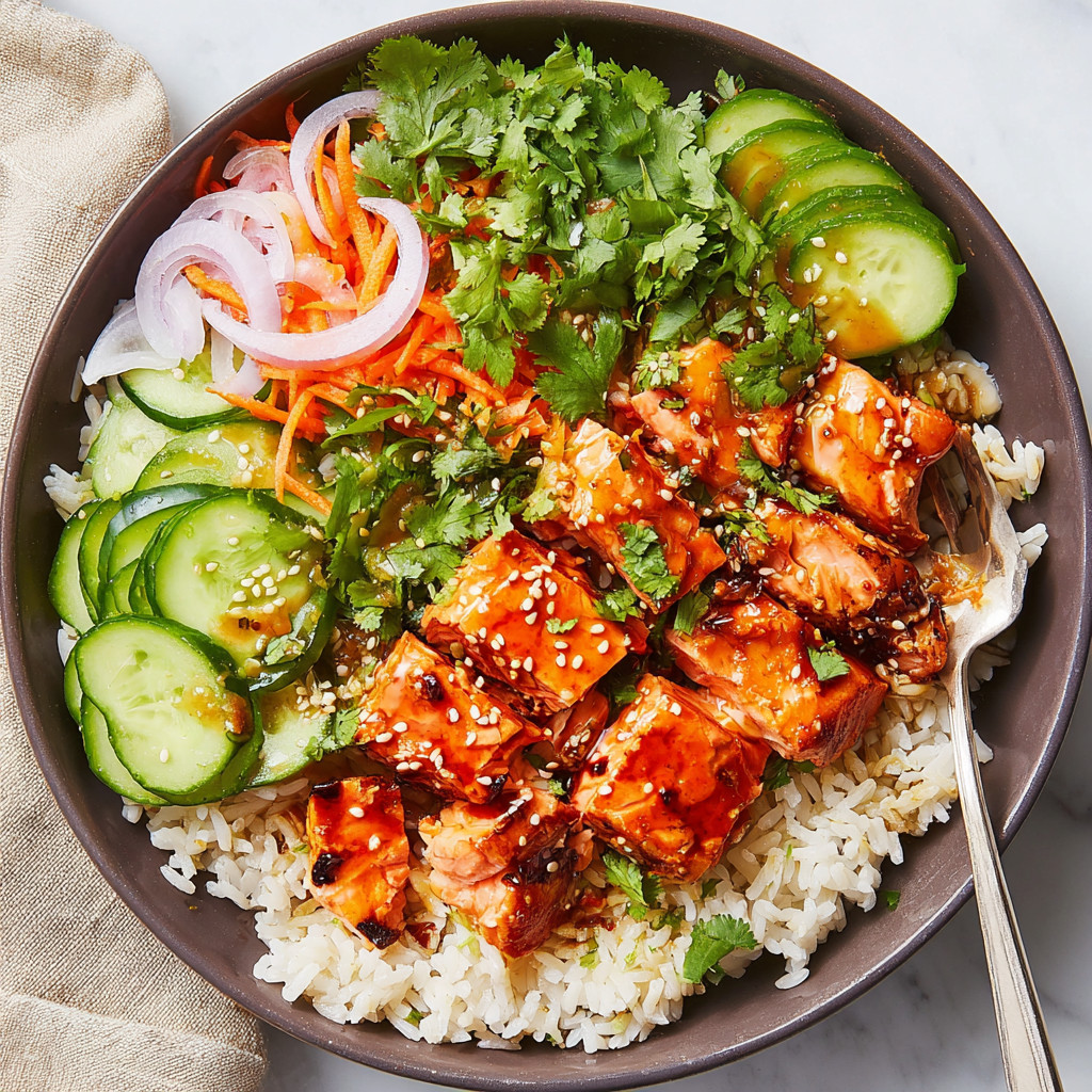 A bowl of spicy salmon with rice and vegetables.