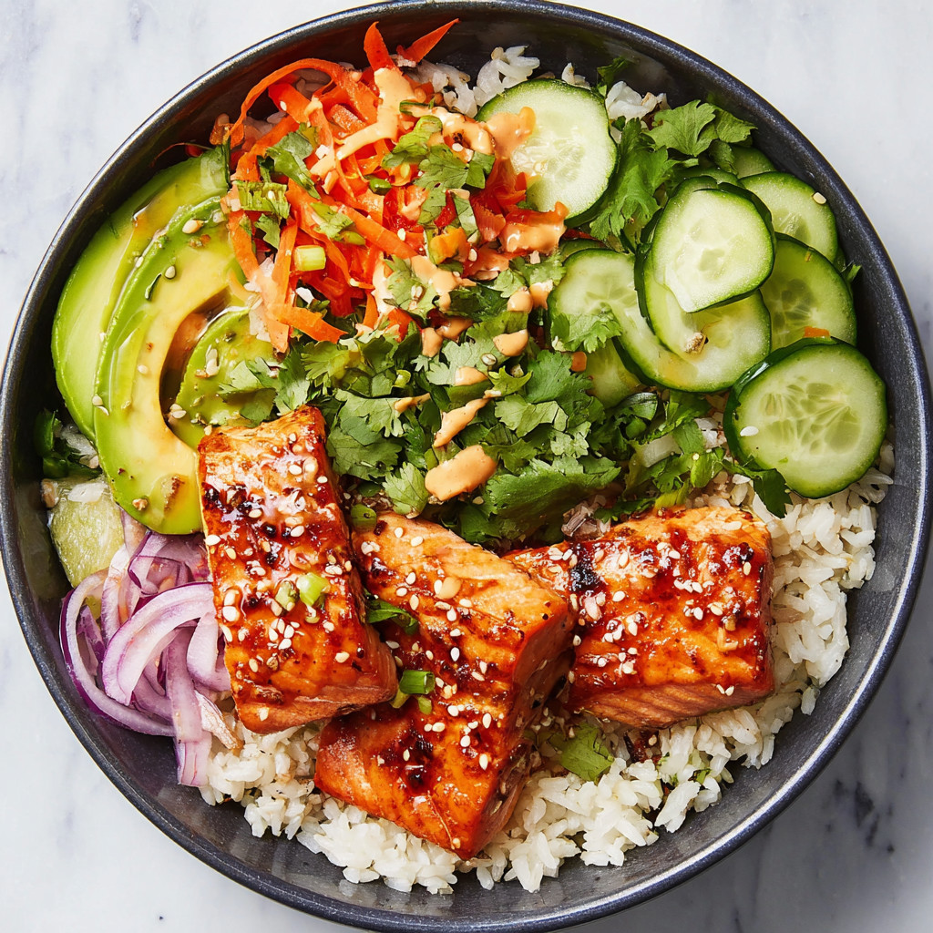 A bowl of spicy salmon with rice and vegetables.