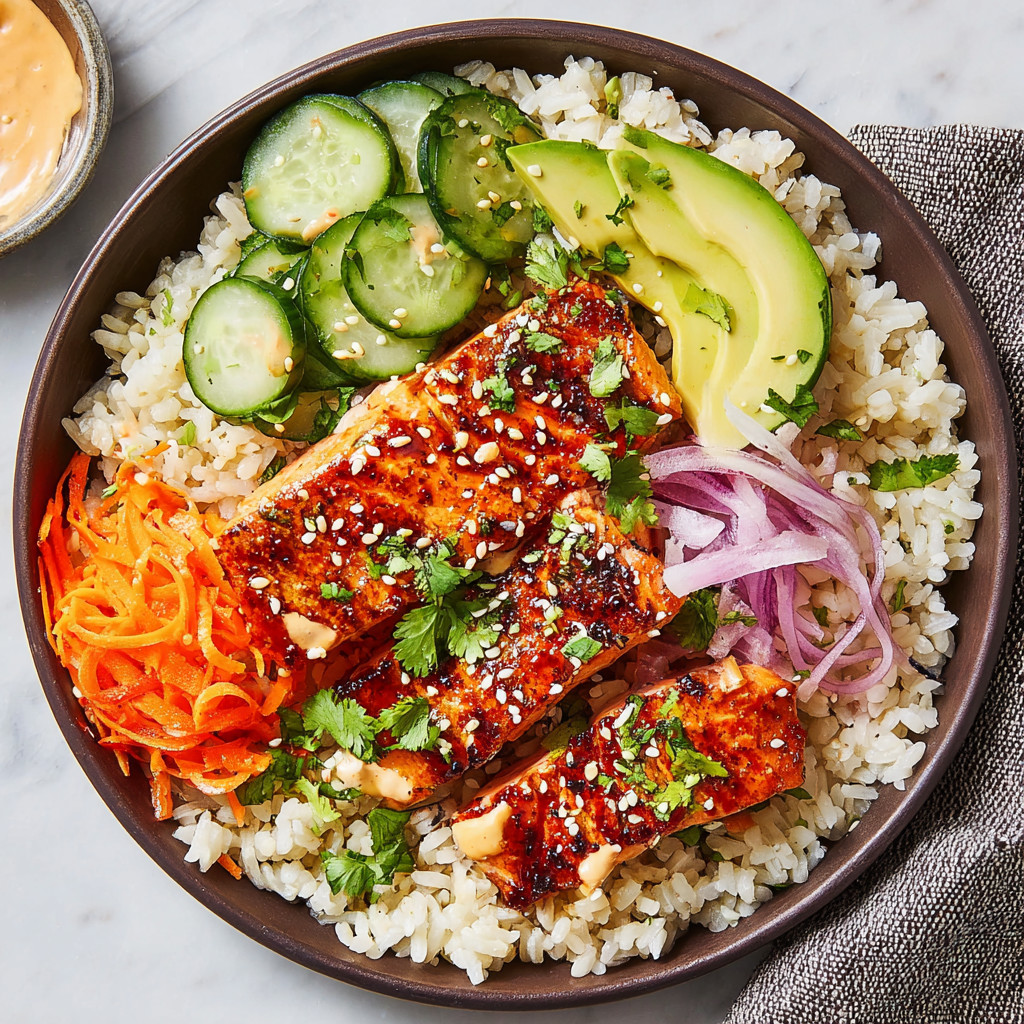 A bowl of food with rice, vegetables, and meat.