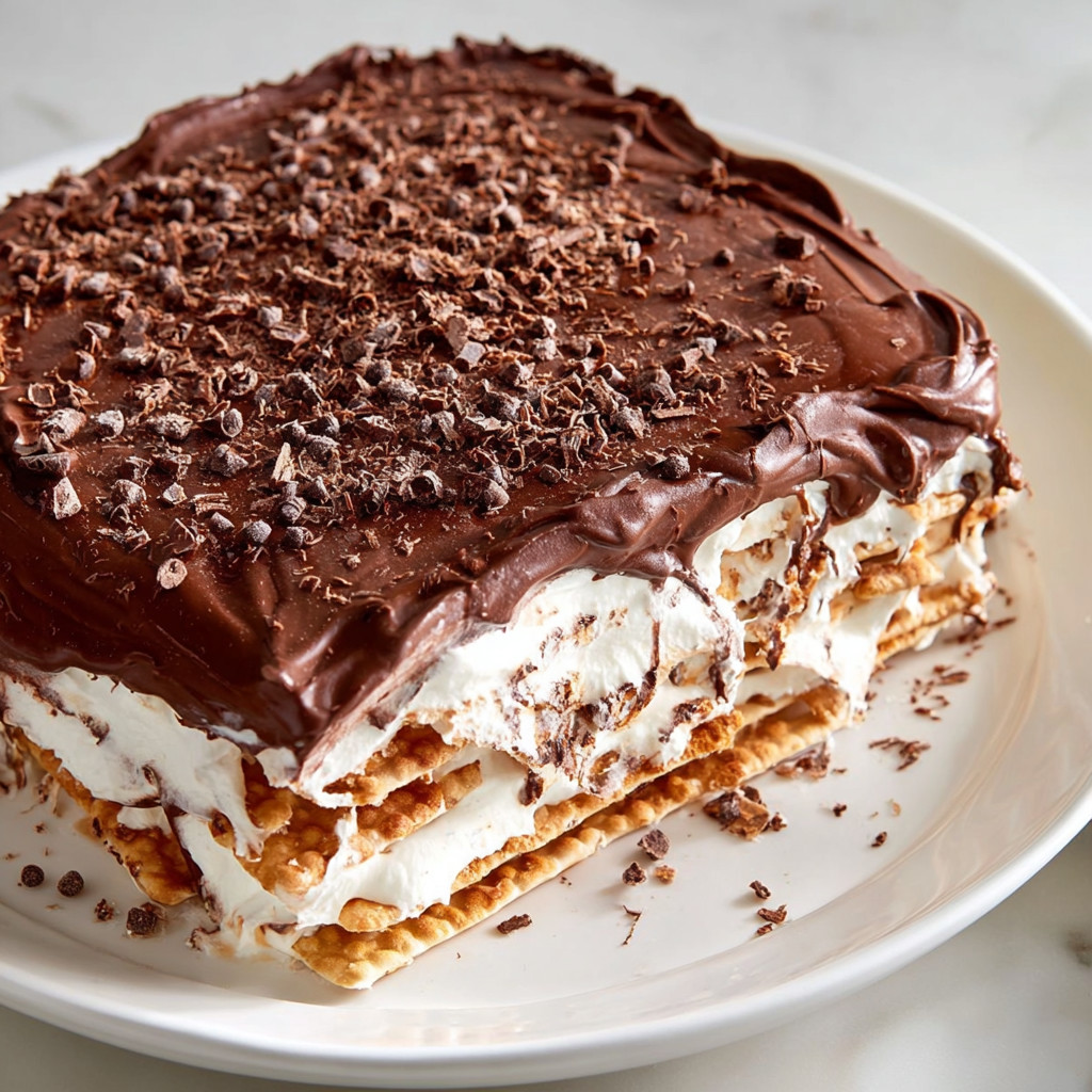 A chocolate cake with white icing and chocolate chips.