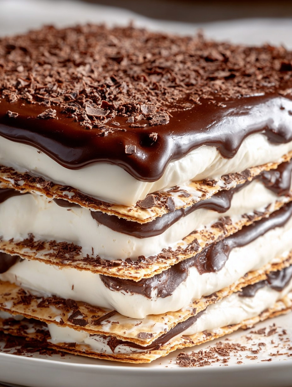 A stack of chocolate and white matzo icebox cake.