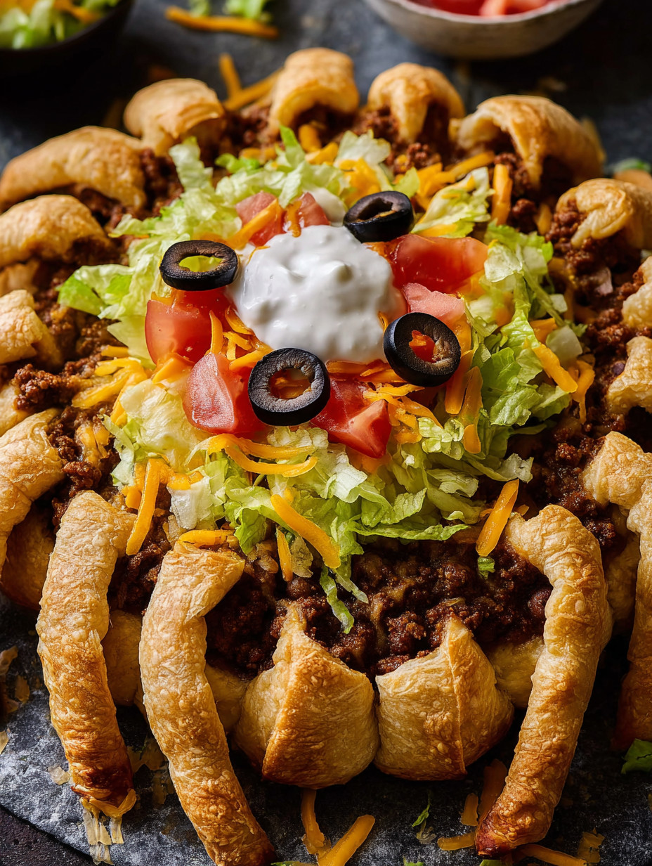 A spider taco ring with lettuce and tomatoes.