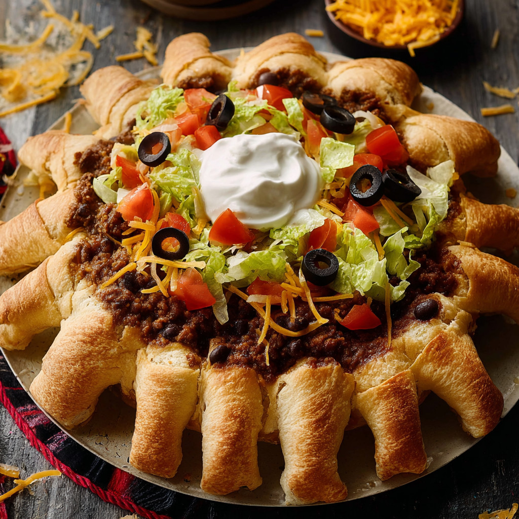 A spider taco ring with lettuce, tomatoes, olives, and cheese.