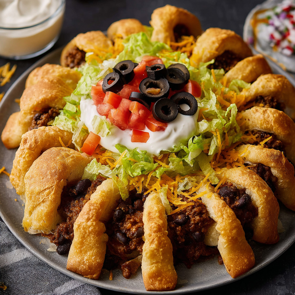 A plate of food with a spider taco ring.