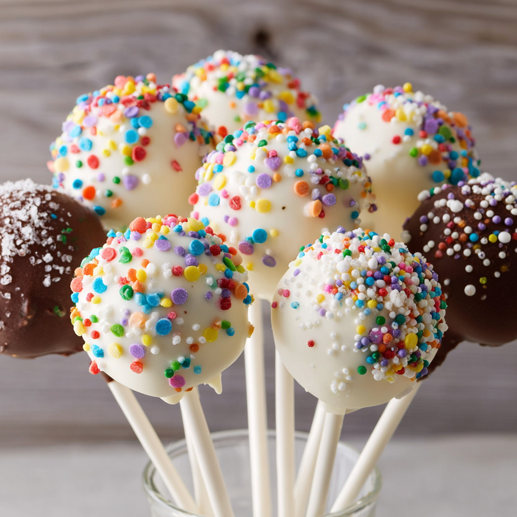 A bunch of colorful cake pops on a stick.