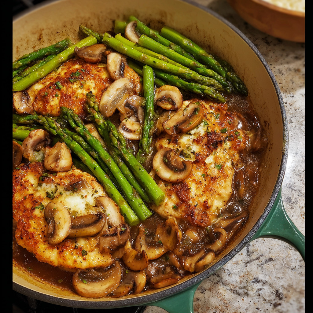 A dish of chicken with mushrooms and asparagus.