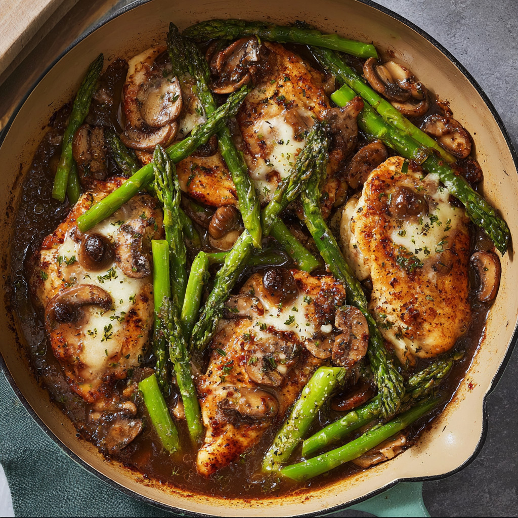 A dish of chicken with mushrooms and asparagus.