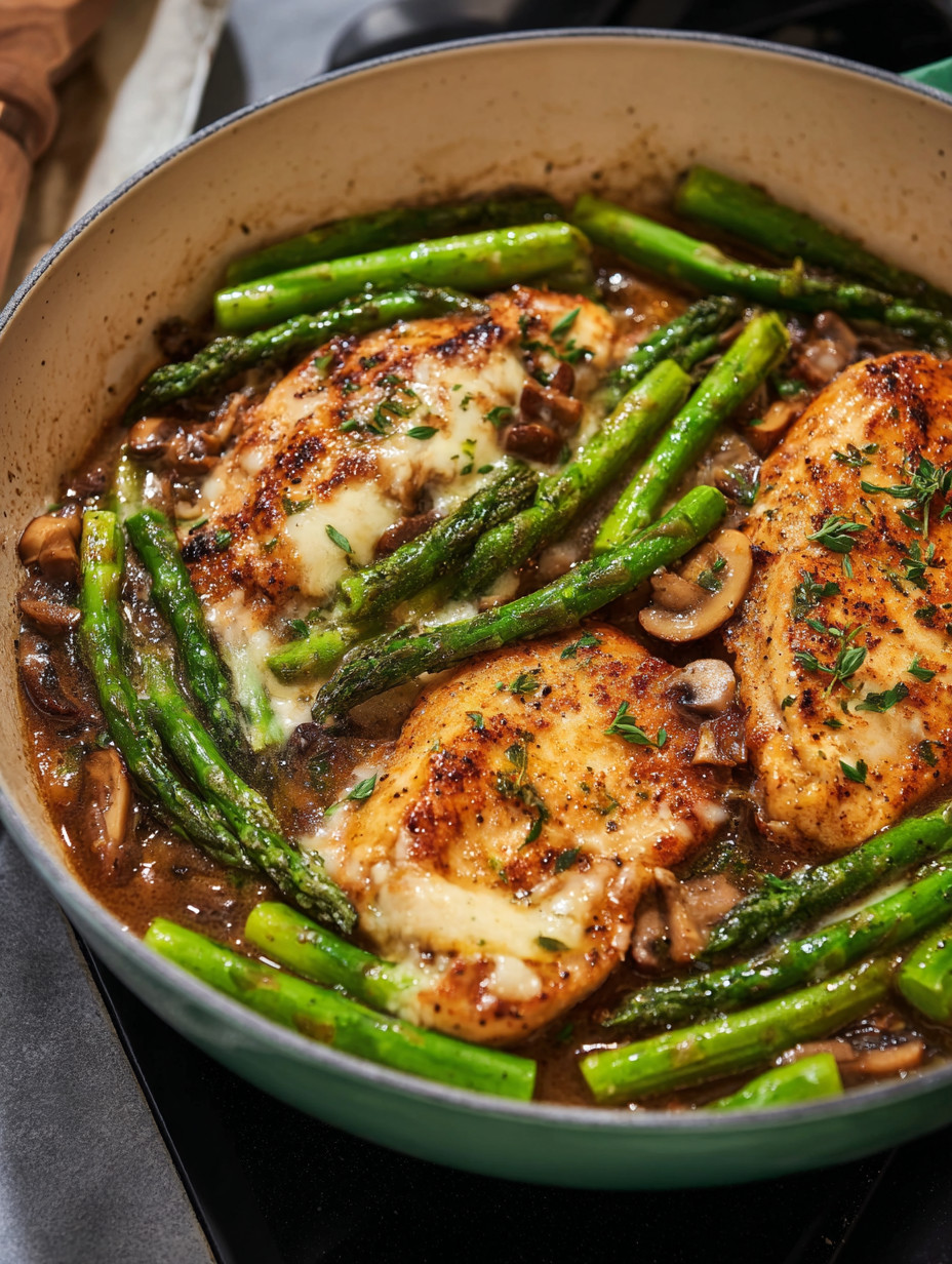 A dish of chicken with mushrooms and asparagus.