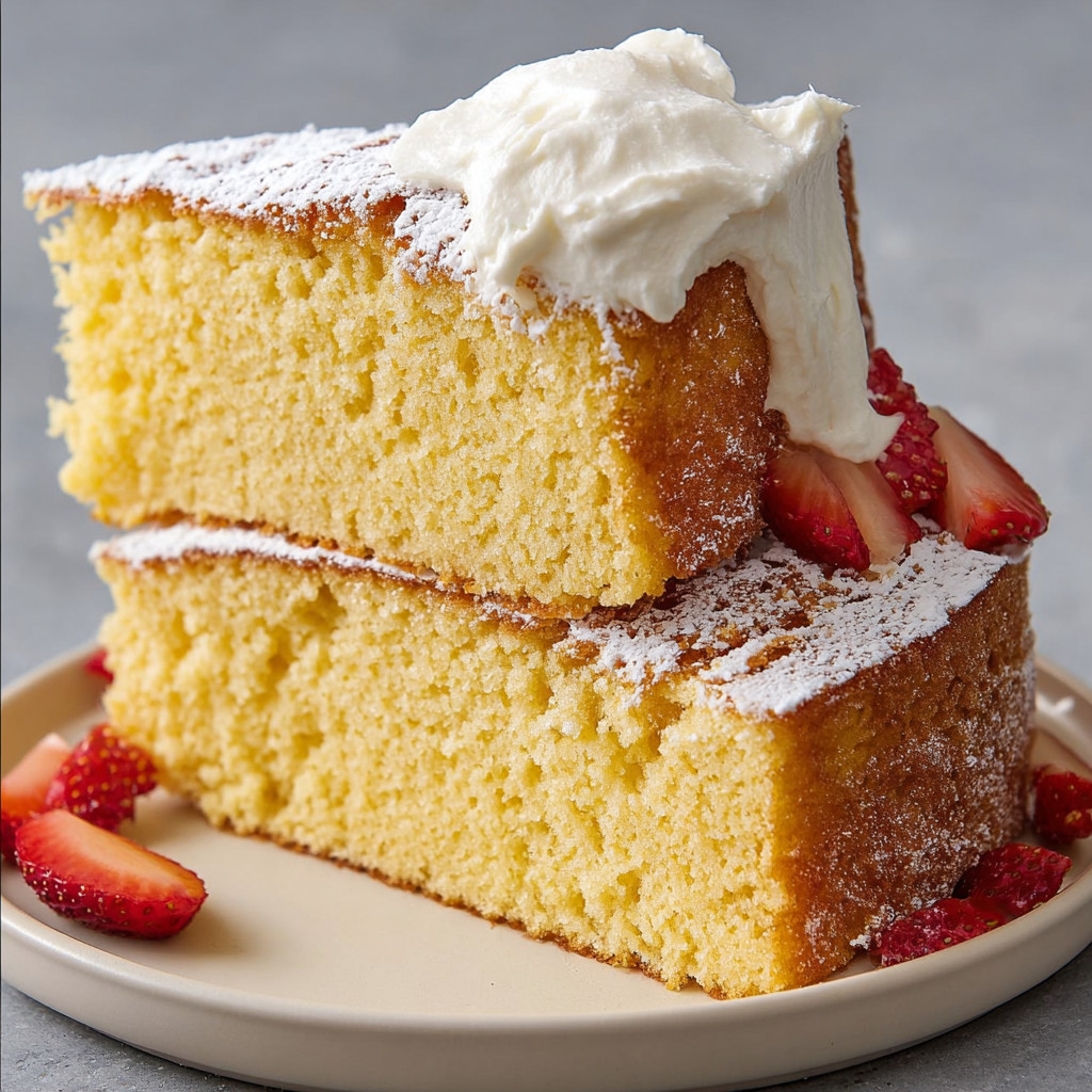 A slice of cake with white frosting and strawberries.