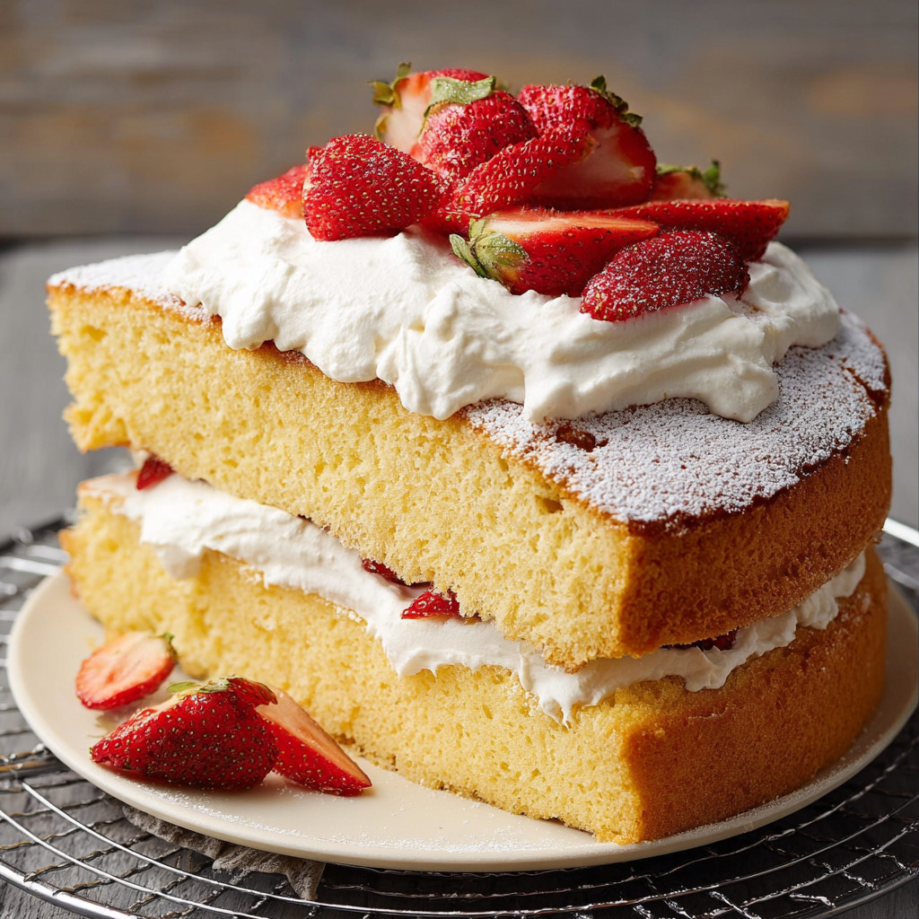 A stack of three layers of cake with strawberries on top.