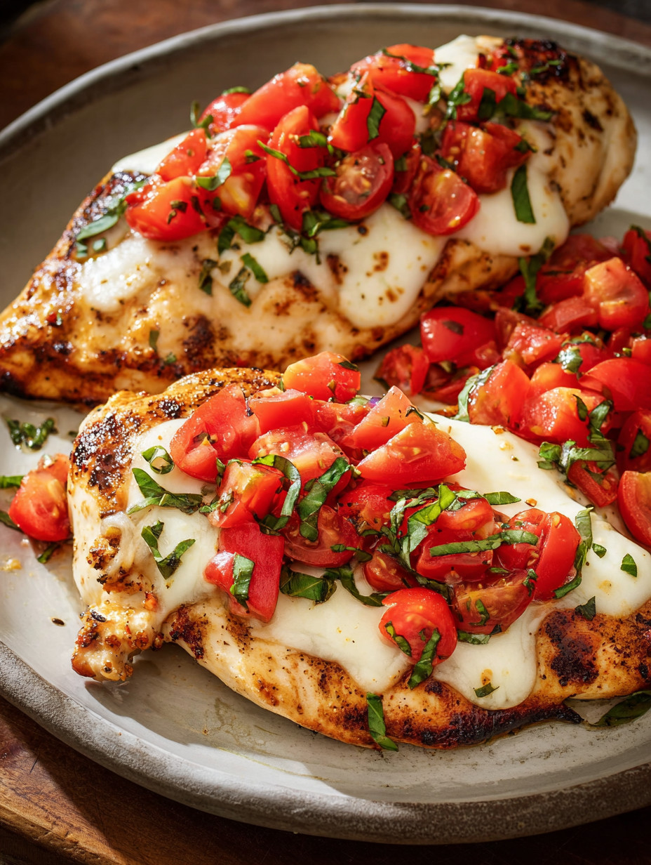Chicken with tomatoes and cheese.