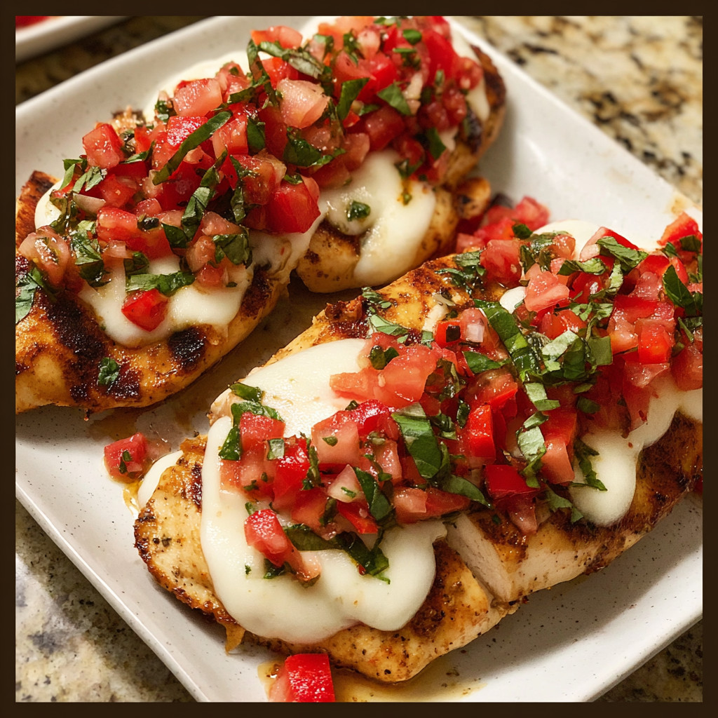 A plate of chicken with tomatoes and cheese.