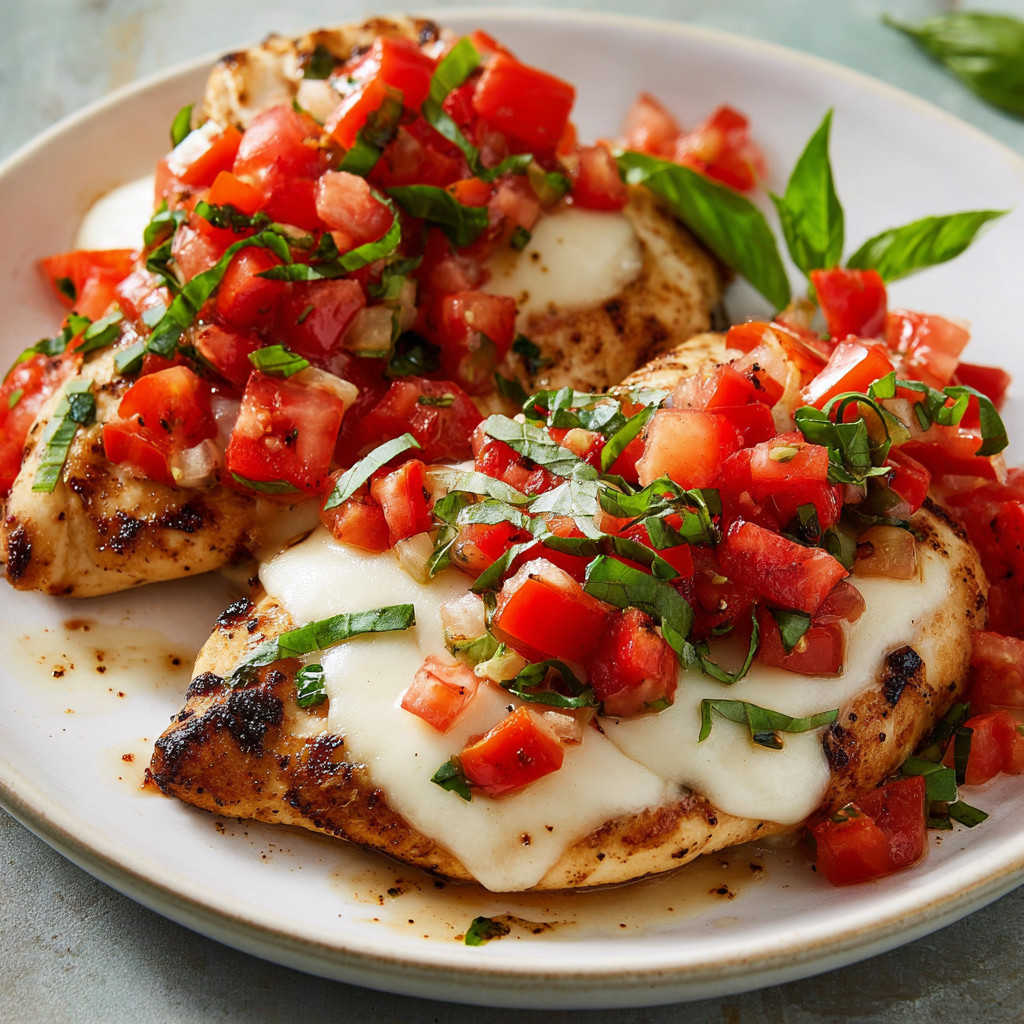 A plate of chicken with tomatoes and basil.