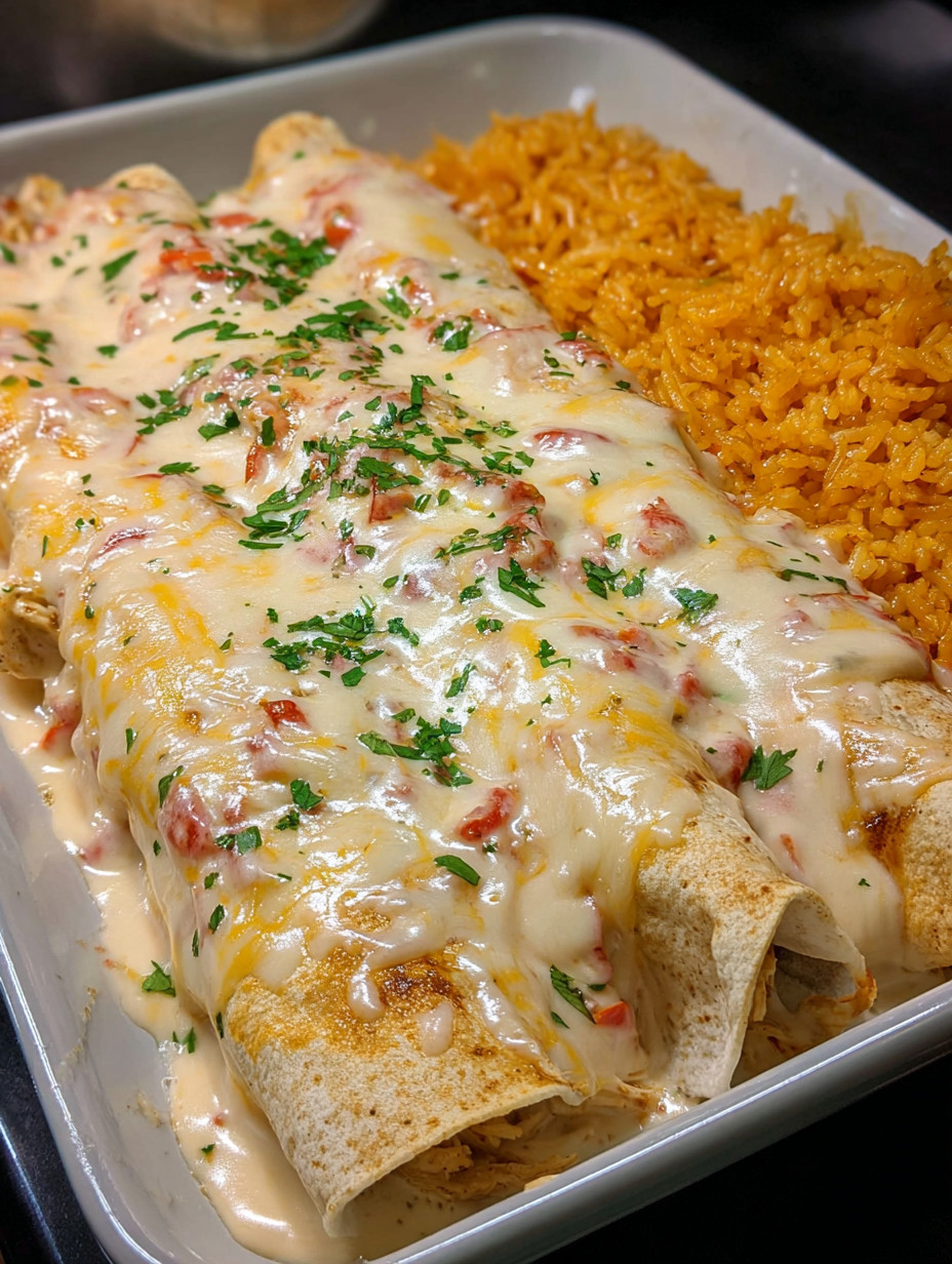 A plate of queso chicken enchiladas.