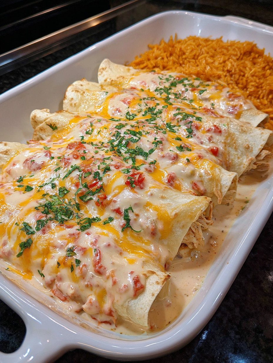 A plate of queso chicken enchiladas.