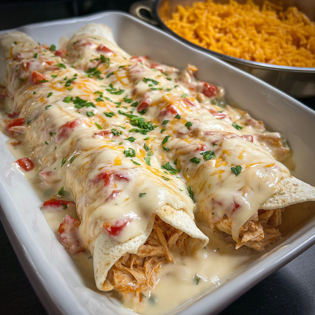 A dish of queso chicken enchiladas.