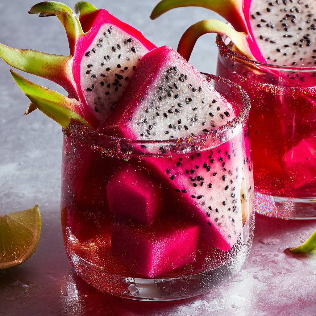 A glass of pink drink with a slice of pink fruit in it.