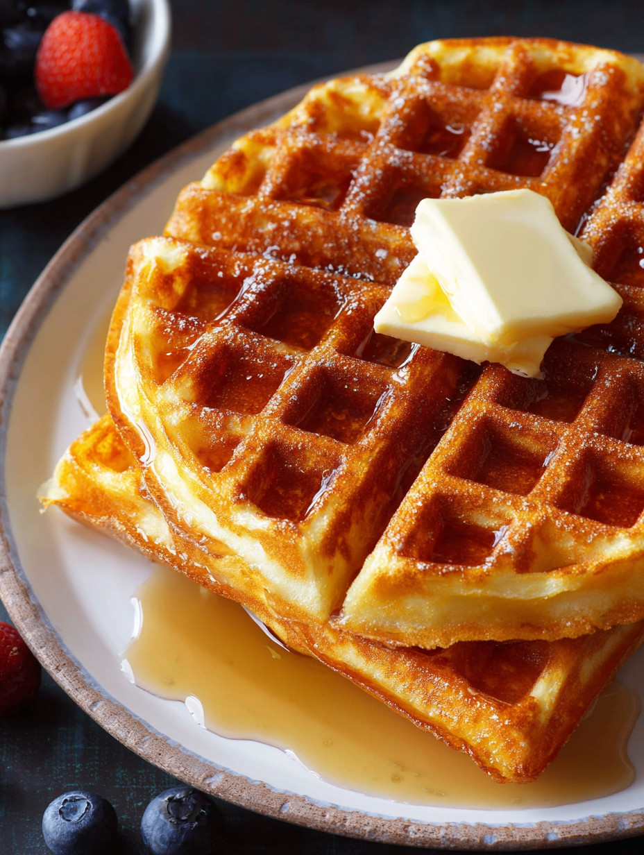 A plate of waffles with butter on top.