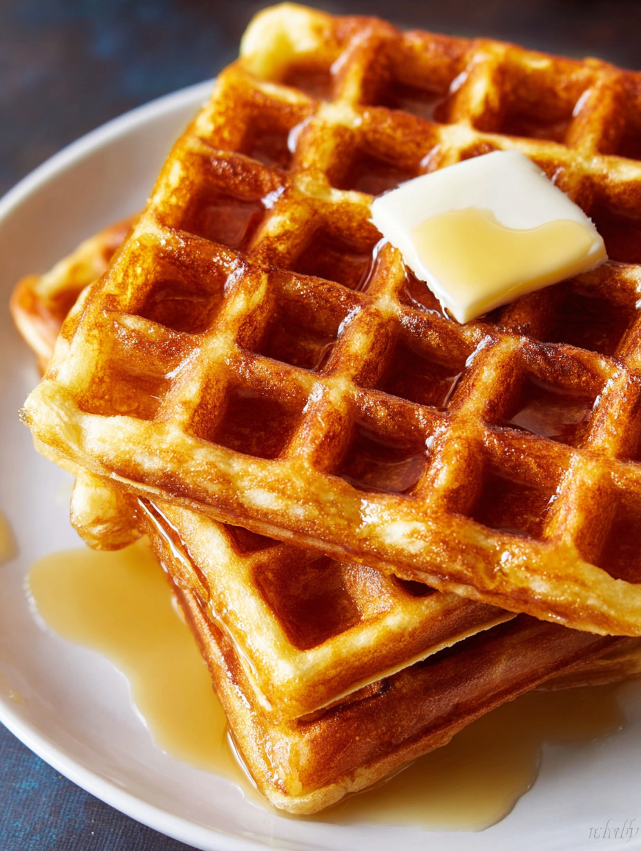 A stack of waffles with butter on top.