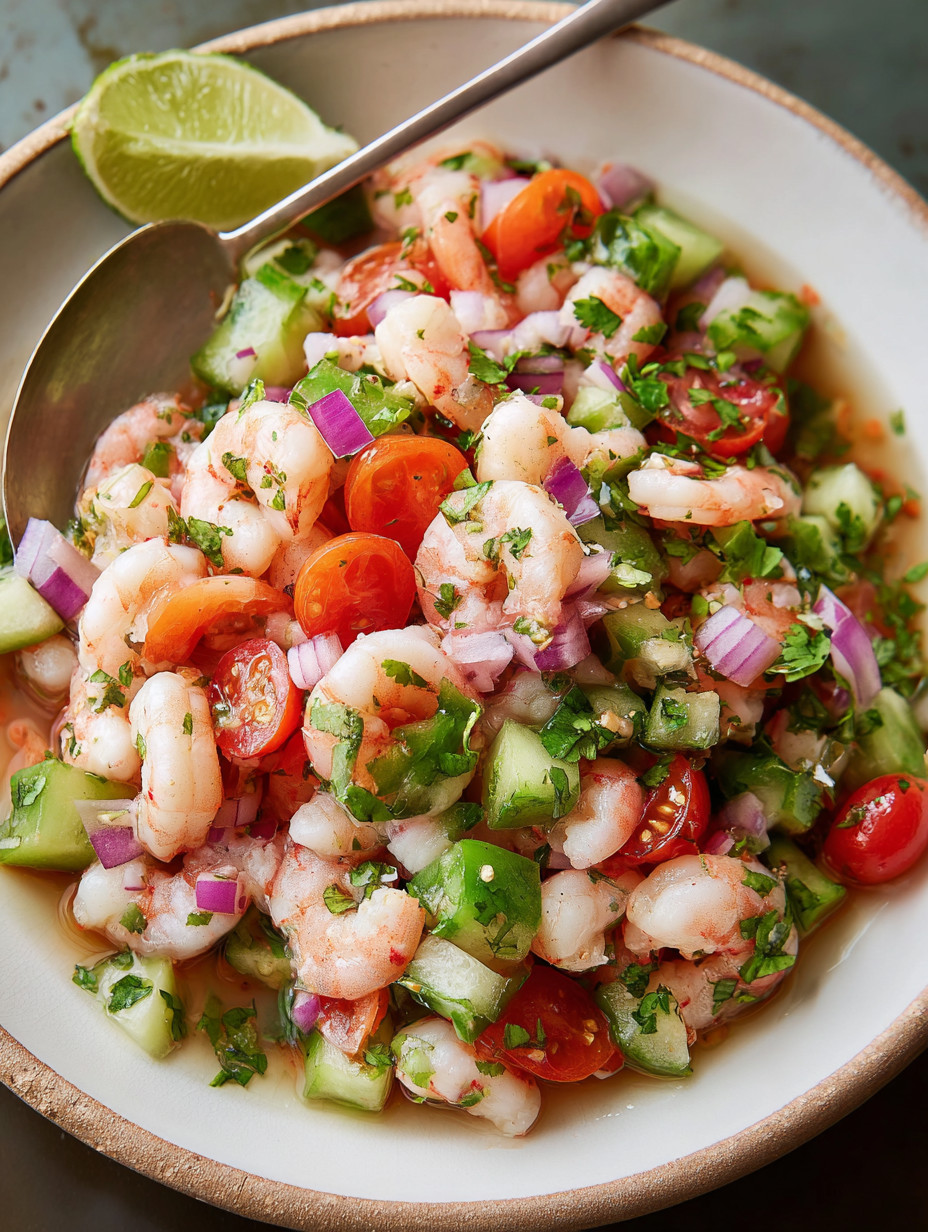 A bowl of shrimp ceviche with tomatoes, onions, and cucumbers.