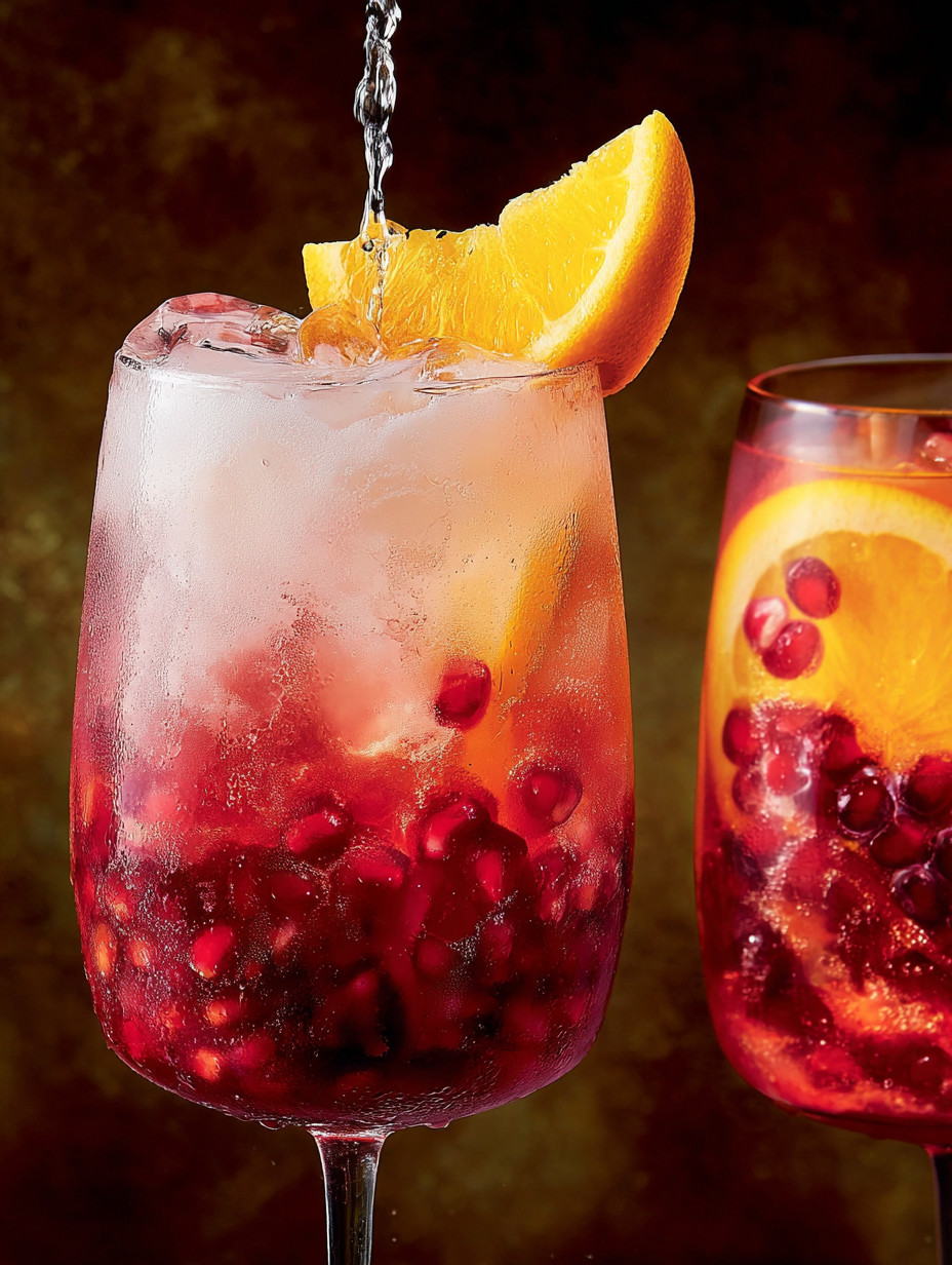 A glass of pomegranate spritz with a slice of orange.