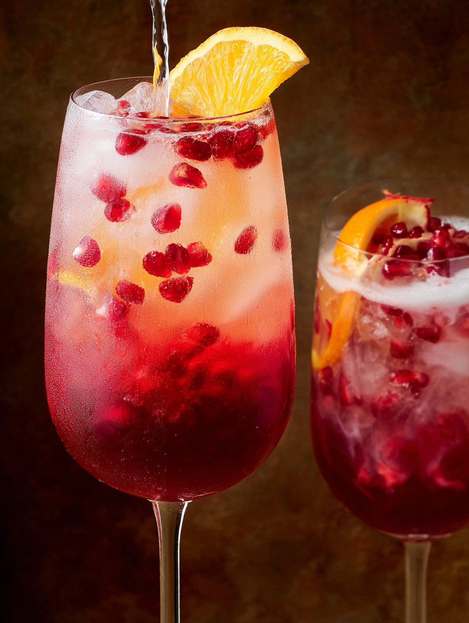 A glass of pomegranate spritz with a slice of orange.