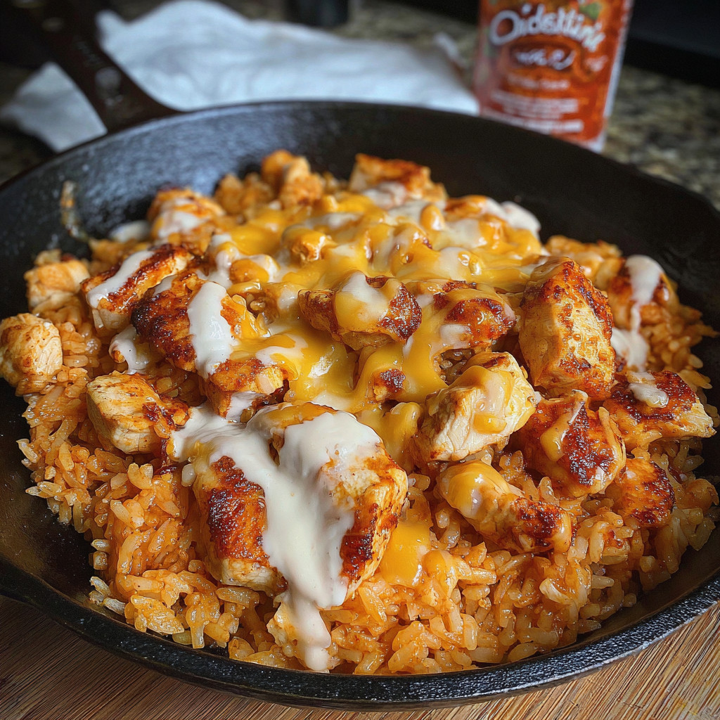 A plate of Mexican Cheesy Chicken &amp; Rice.
