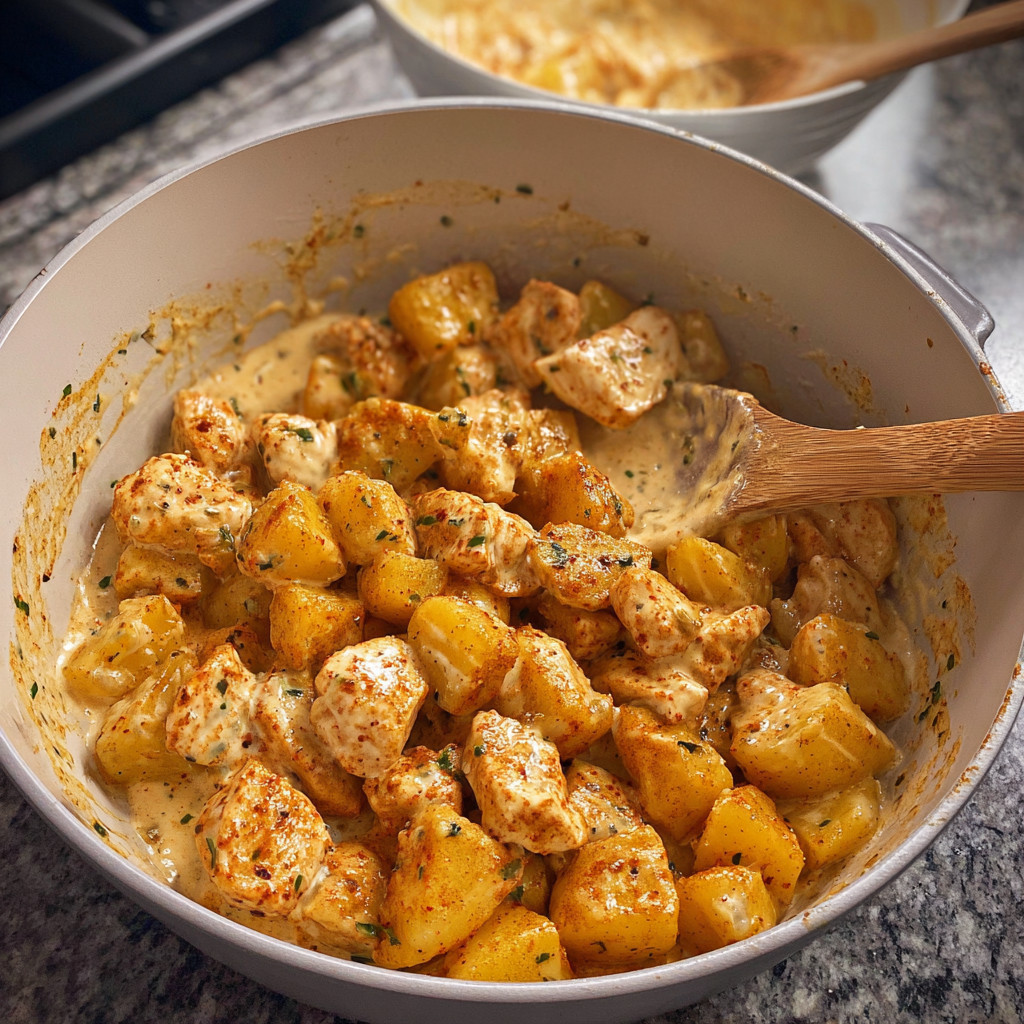 A bowl of Creamy Cajun Chicken &amp; Potatoes.
