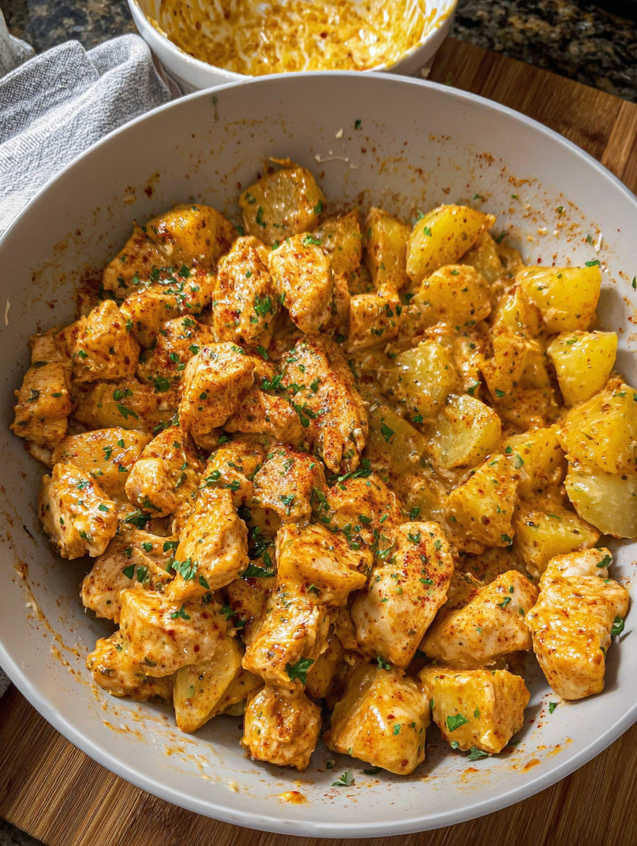 A bowl of creamy cajun chicken and potatoes.