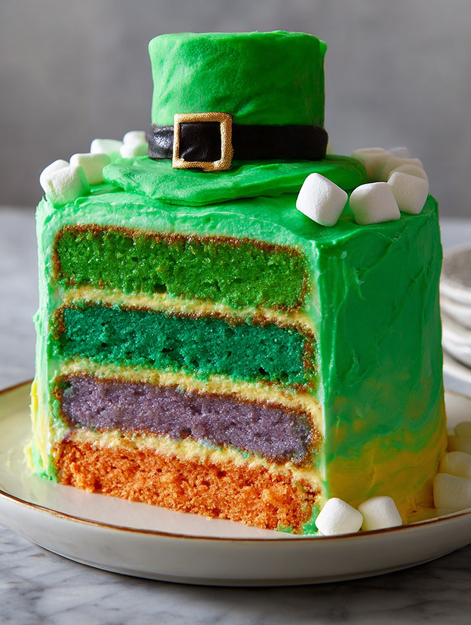 A St. Patrick's Day cake with a green hat and a leprechaun on top.
