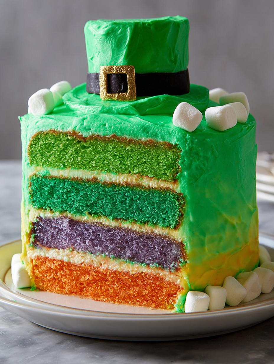 A St. Patrick's Day cake with green frosting and a gold leaf.