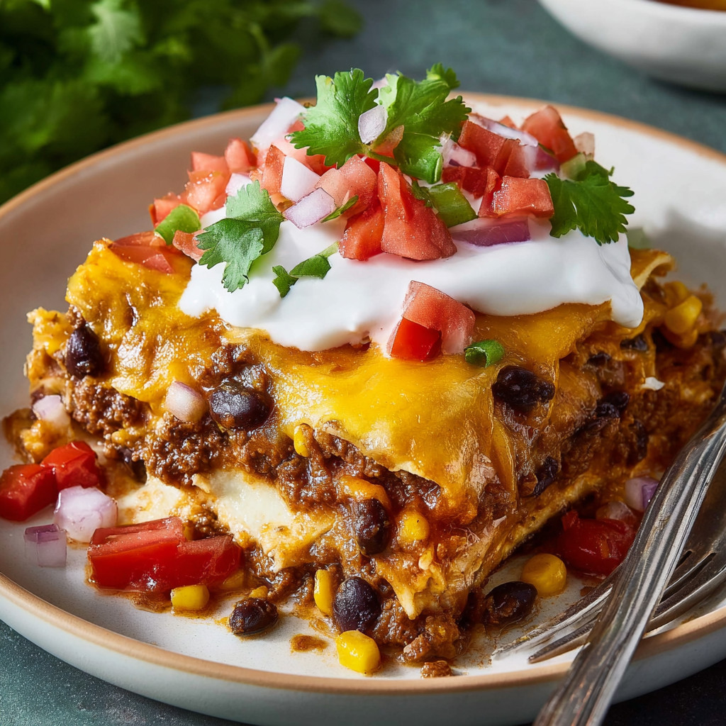A plate of food with a taco lasagna.