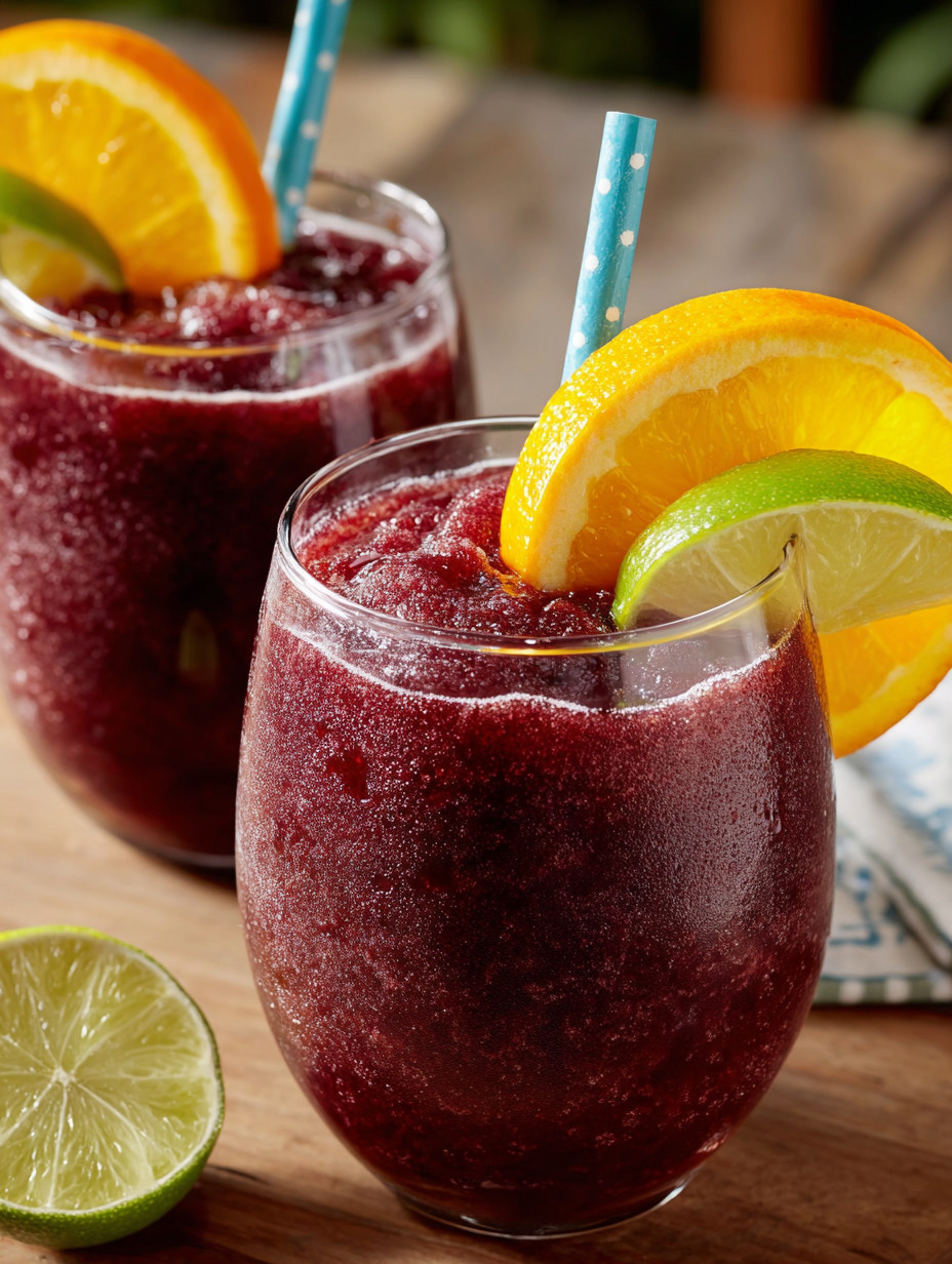 Two glasses of red sangria slushies with orange slices.