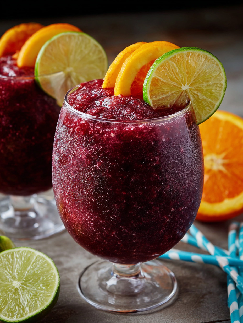 Two glasses of red fruit slushies with orange slices on top.