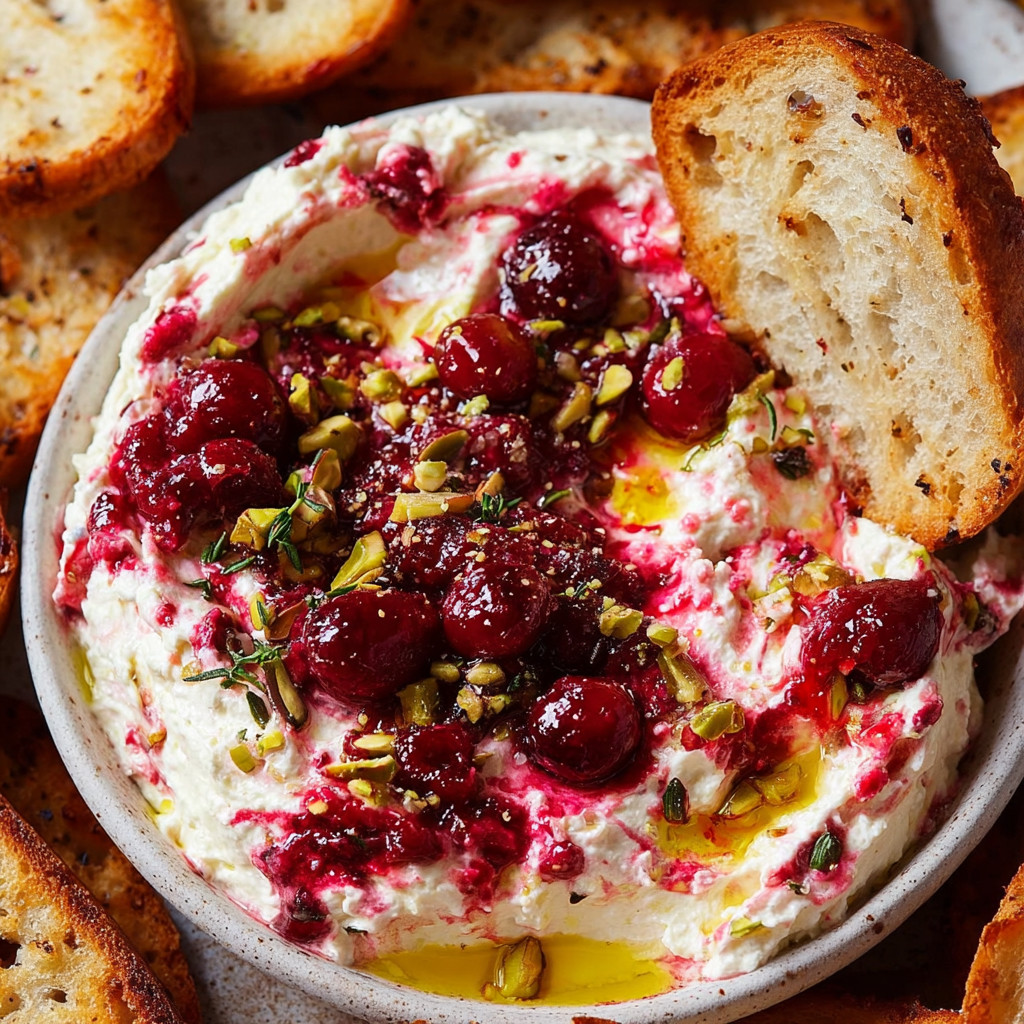 A bowl of cranberry whipped feta dip.