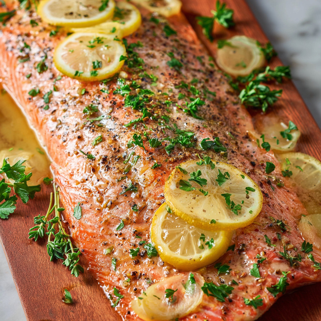 A piece of oven-baked salmon with lemon slices on top.