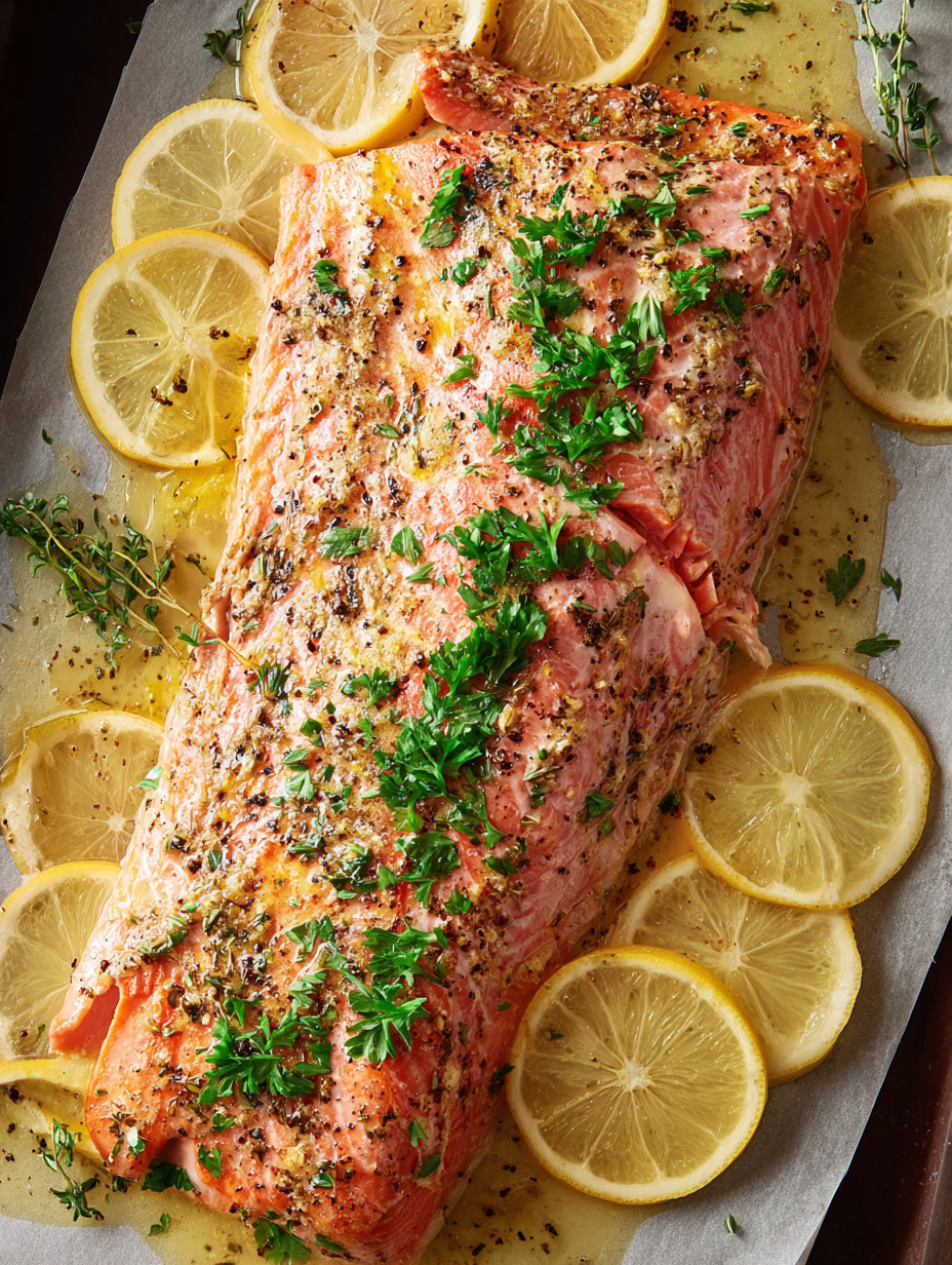 A piece of oven-baked salmon with lemon slices on top.
