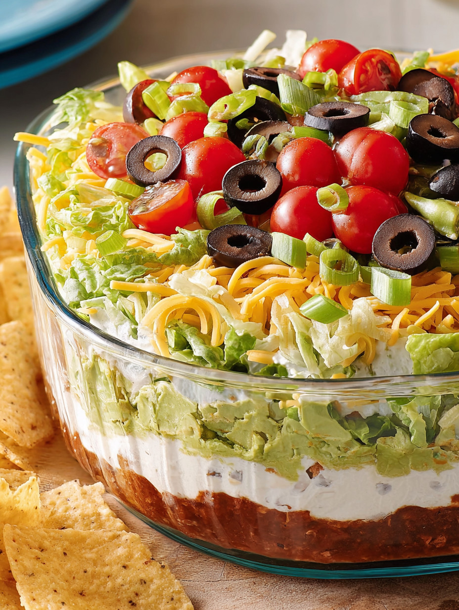 A 7-layer dip with lettuce, tomatoes, olives, and cheese.