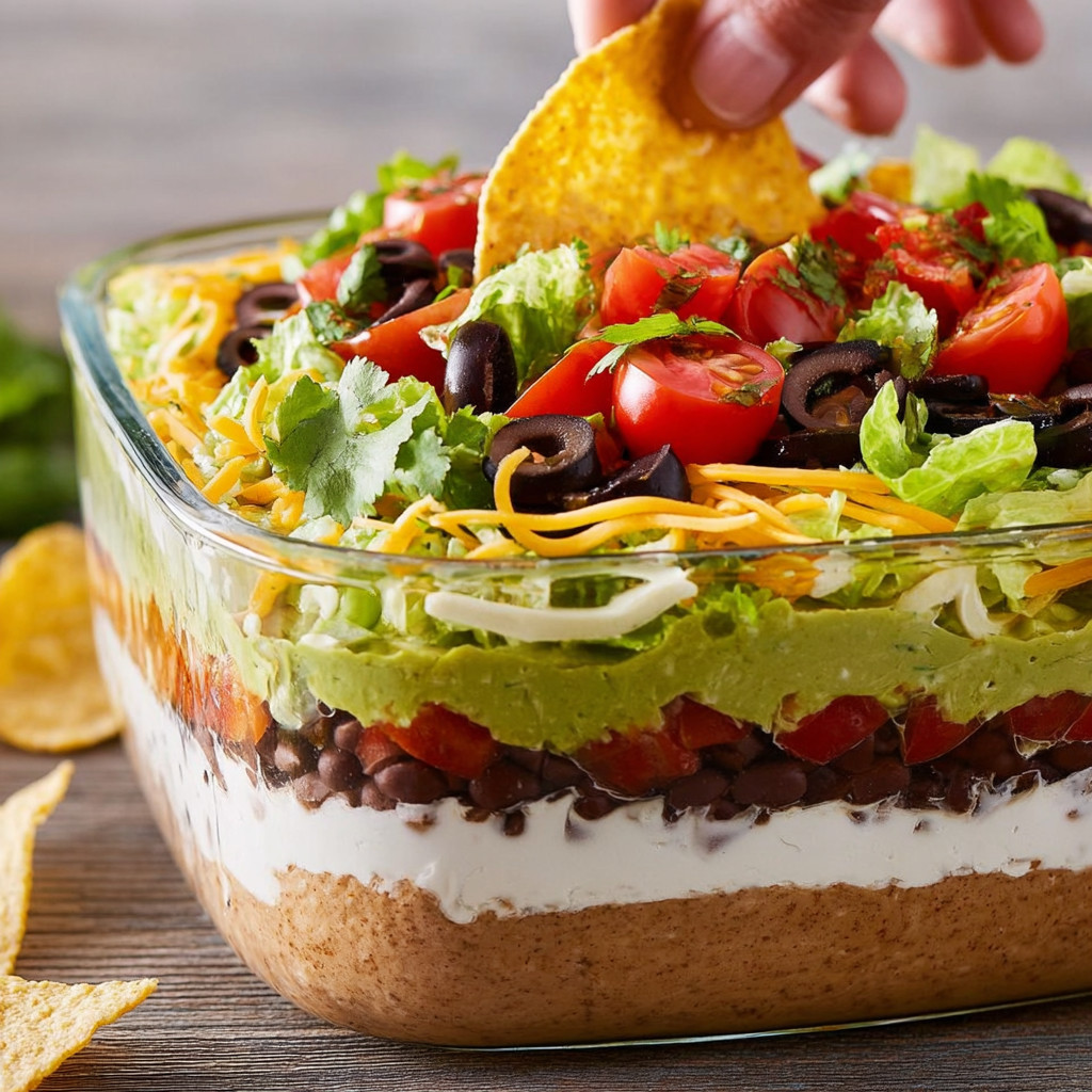 A bowl of 7-layer dip with chips.