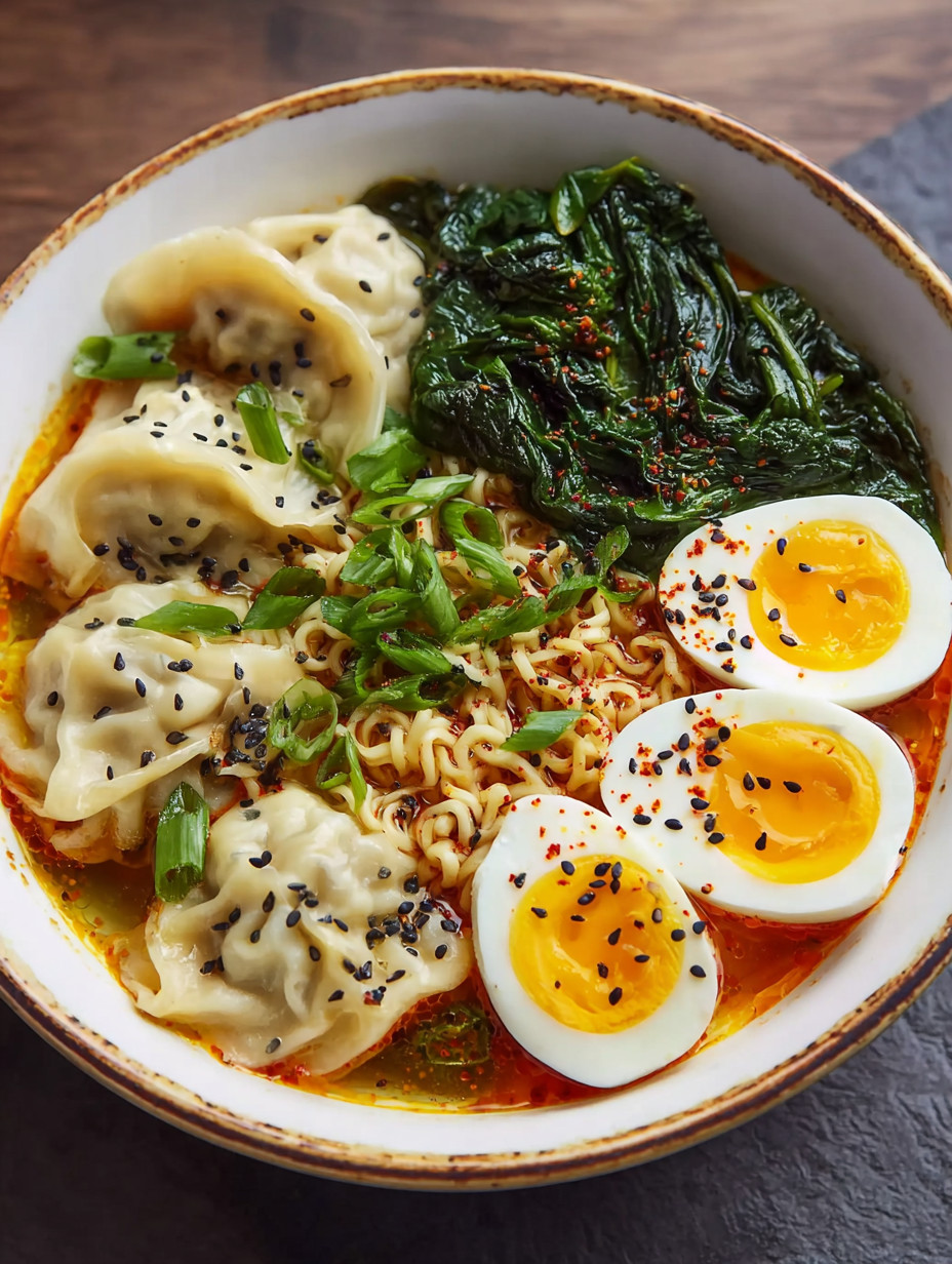 A bowl of food with eggs, noodles, and greens.