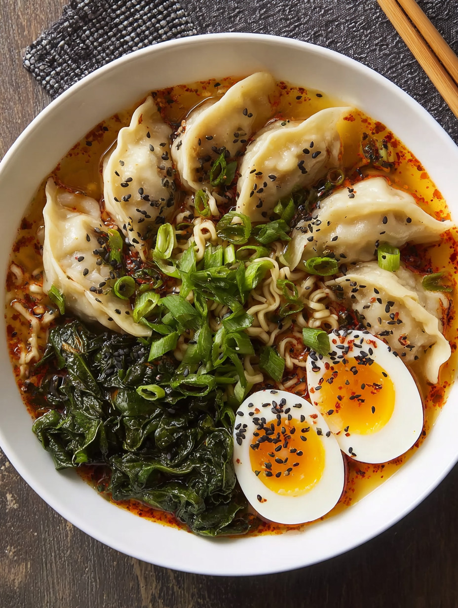 A bowl of soup with dumplings and eggs.