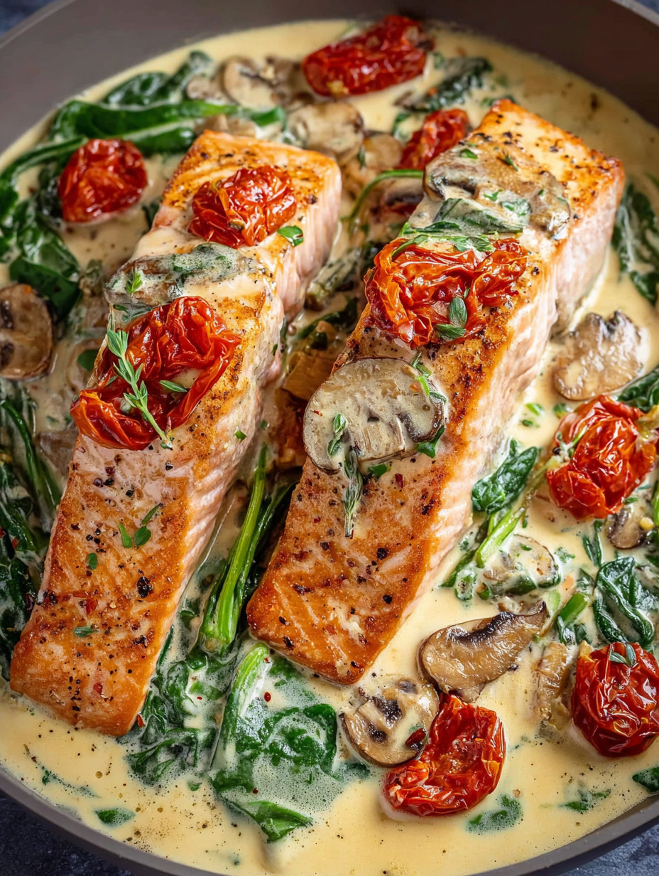 A dish of salmon with mushrooms and tomatoes.