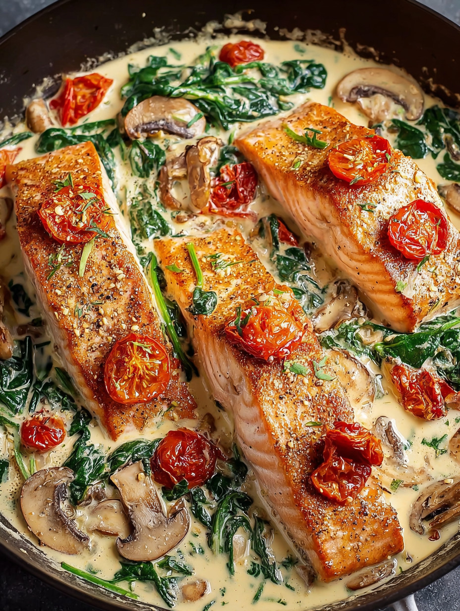 A dish of salmon with tomatoes and mushrooms.