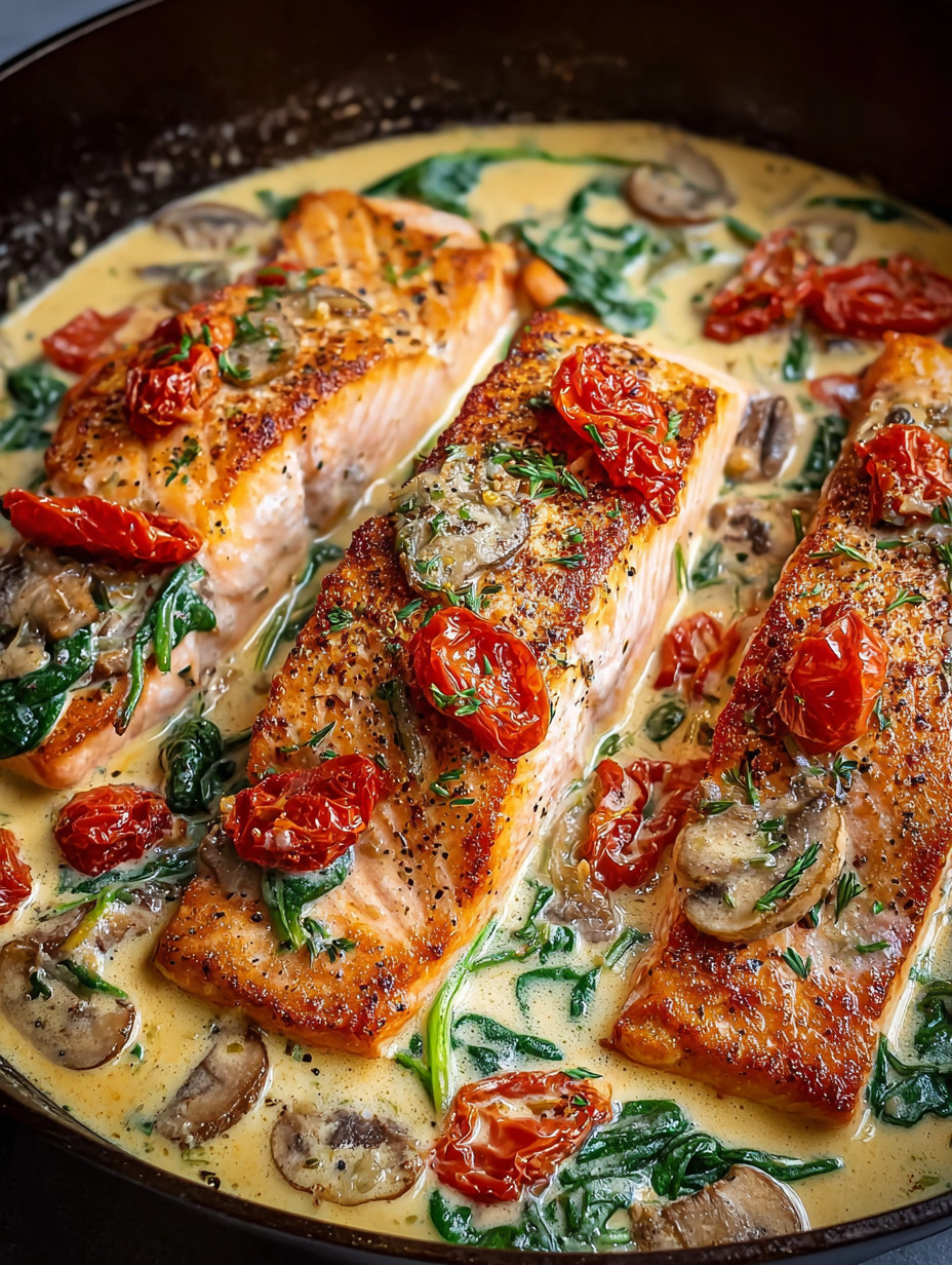 A dish of salmon with tomatoes and mushrooms.