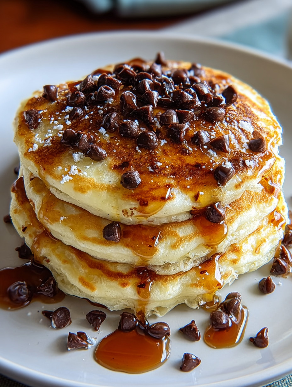 A stack of chocolate chip pancakes on a plate.