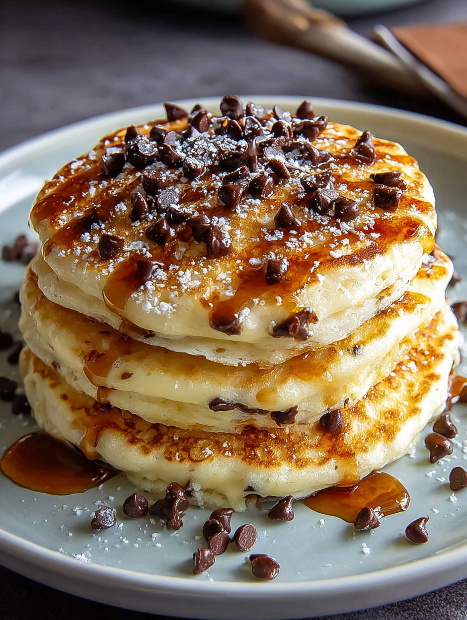 A stack of chocolate chip pancakes on a plate.