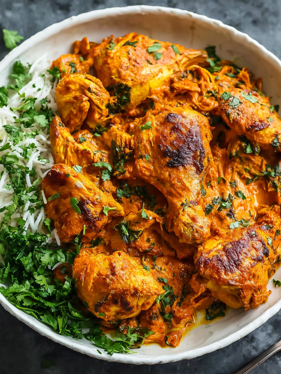 A bowl of chicken with a spicy sauce.