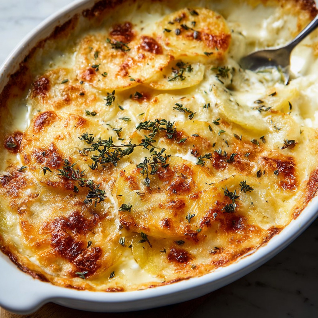 A dish of potatoes au gratin.
