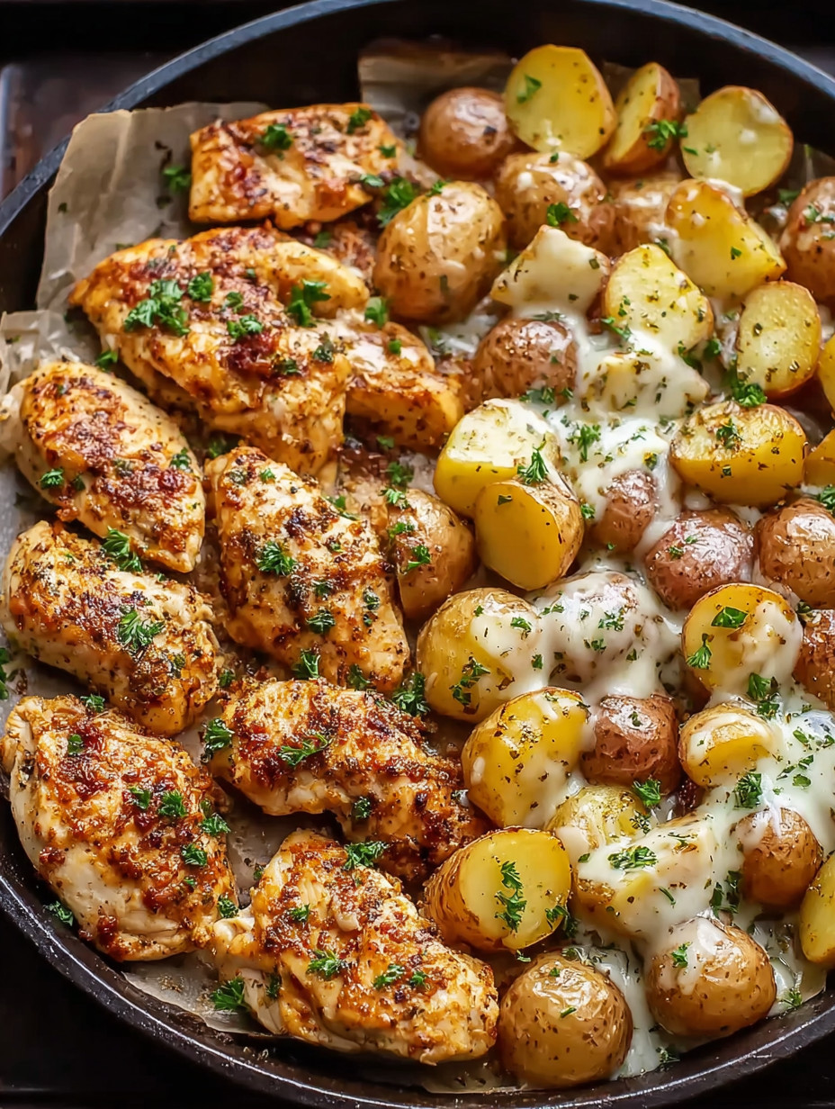 A pan of garlic Parmesan chicken and potatoes.