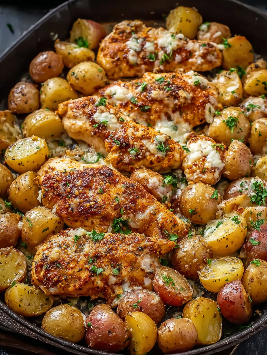A dish of chicken and potatoes with garlic and Parmesan cheese.